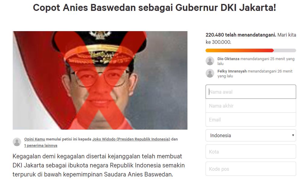 Petisi copot Anies Baswedan dibuat oleh akun Opini Kamu. (Foto: change.org)