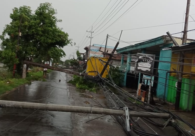 Tiang listrik bergelimpangan akibat terjangan puting beliung di Krian Sidoarjo kemarin. (Foto: istimewa)