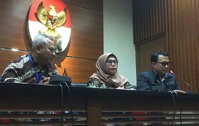 Konferensi pers KPK terhadap OTT Komisioner KPU Wahyu Setiawan. Tampak Ketua KPU Arief Budiman turut hadir dalam konferensi pers tersebut. (Foto: Antara)