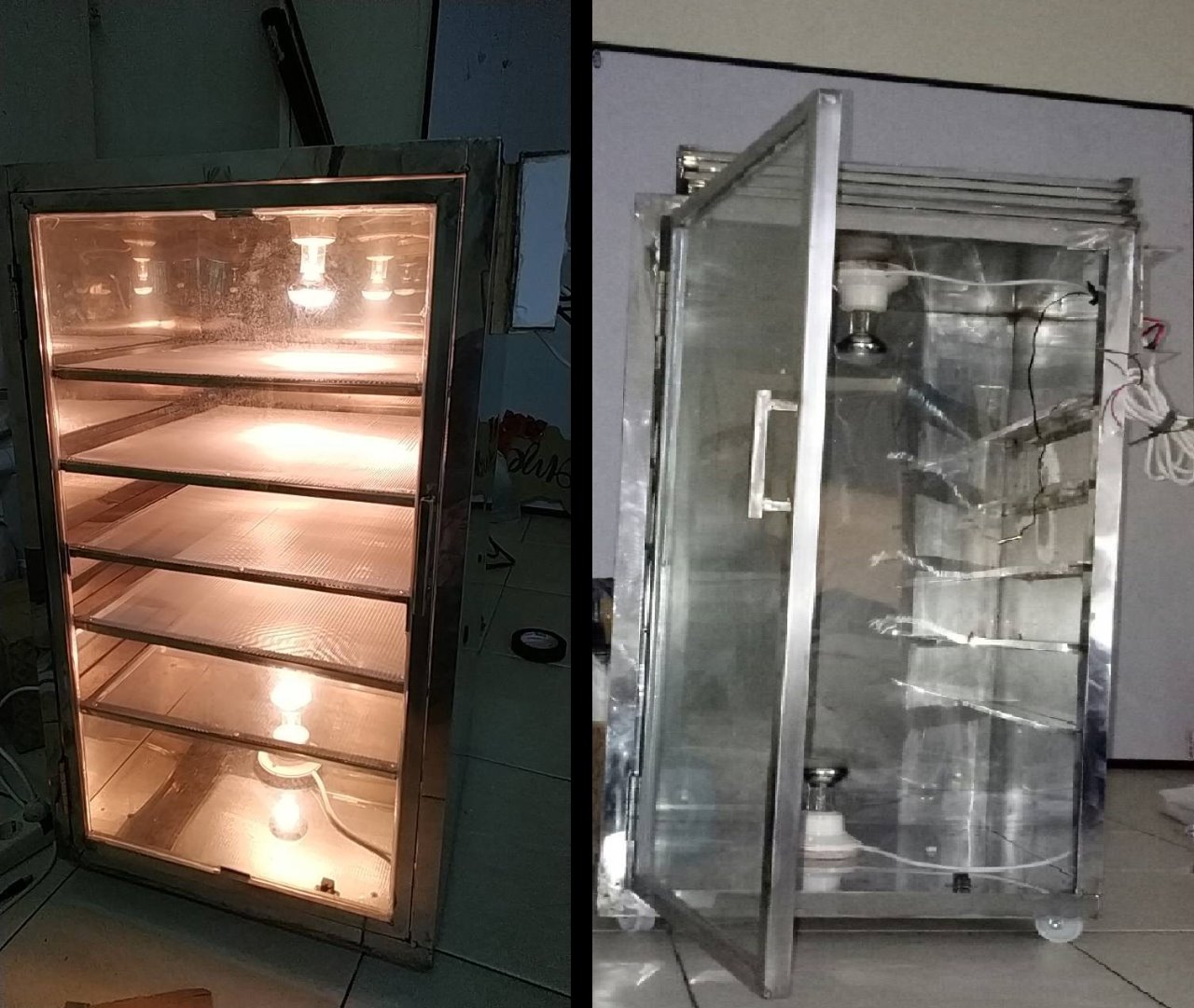 Alat fermentor donat yang dibuat mahasiswa ITS, lemari fermentor dinyalakan (kiri) dan lemari yang belum dinyalakan (kanan) (Foto: istimewa)