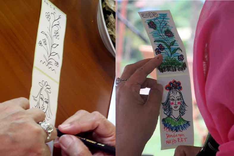 Peserta 'Kelas Lansia' menggambar perempuan dengan tulisan Dandanan Mayoret sebagai gambaran obsesinya sewaktu muda. (Foto-foto: Erwan W)
