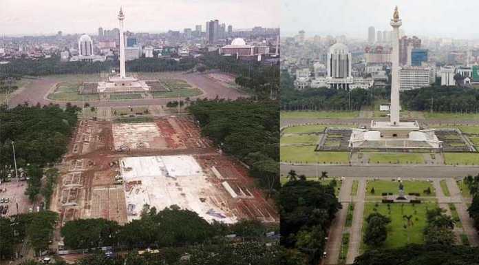 Kawasan Monumen Nasional (Monas) sebelum (kanan) dan sesudah (kiri) revitalisasi dengan menebang 191 pohon mahoni, trembesi, sawo kecik dll. (Foto: Istimewa)