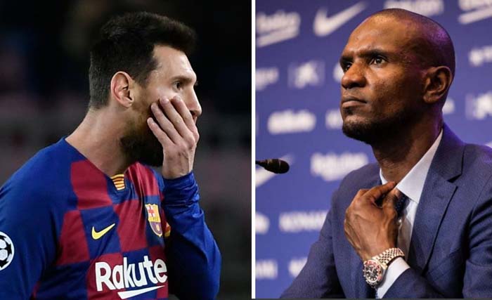 Direktur Olahraga Barcelona Eric Abidal (kanan) dan Lionel Messi. (Foto:Reuters/Ngopibareng)