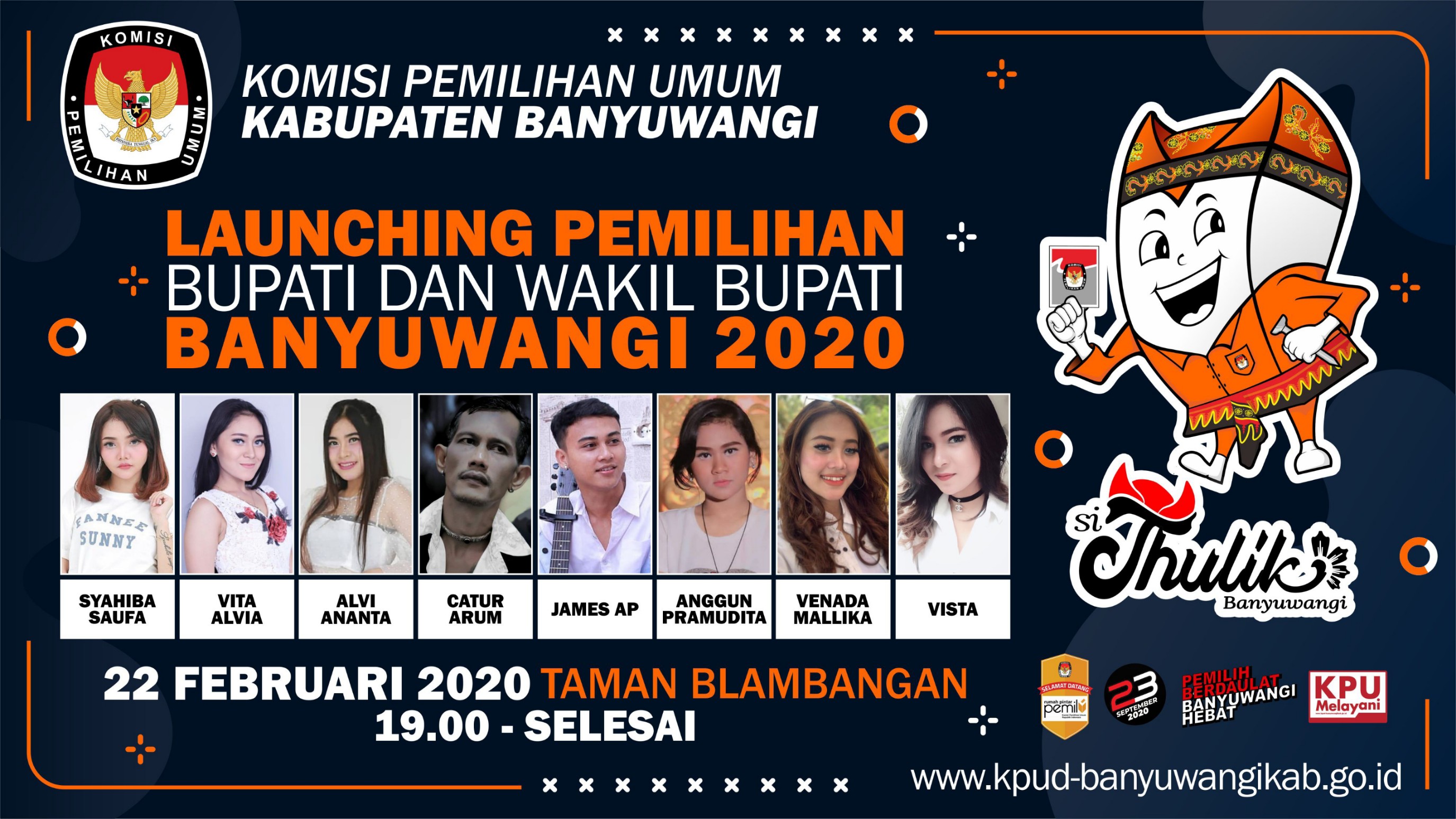 Poster sosialisasi launching pemilihan Bupati dan Wakil Bupati Banyuwangi, yang akan digelar pada 22 Februari 2020. (Foto: KPU Banyuwangi untuk Ngopibareng.id)