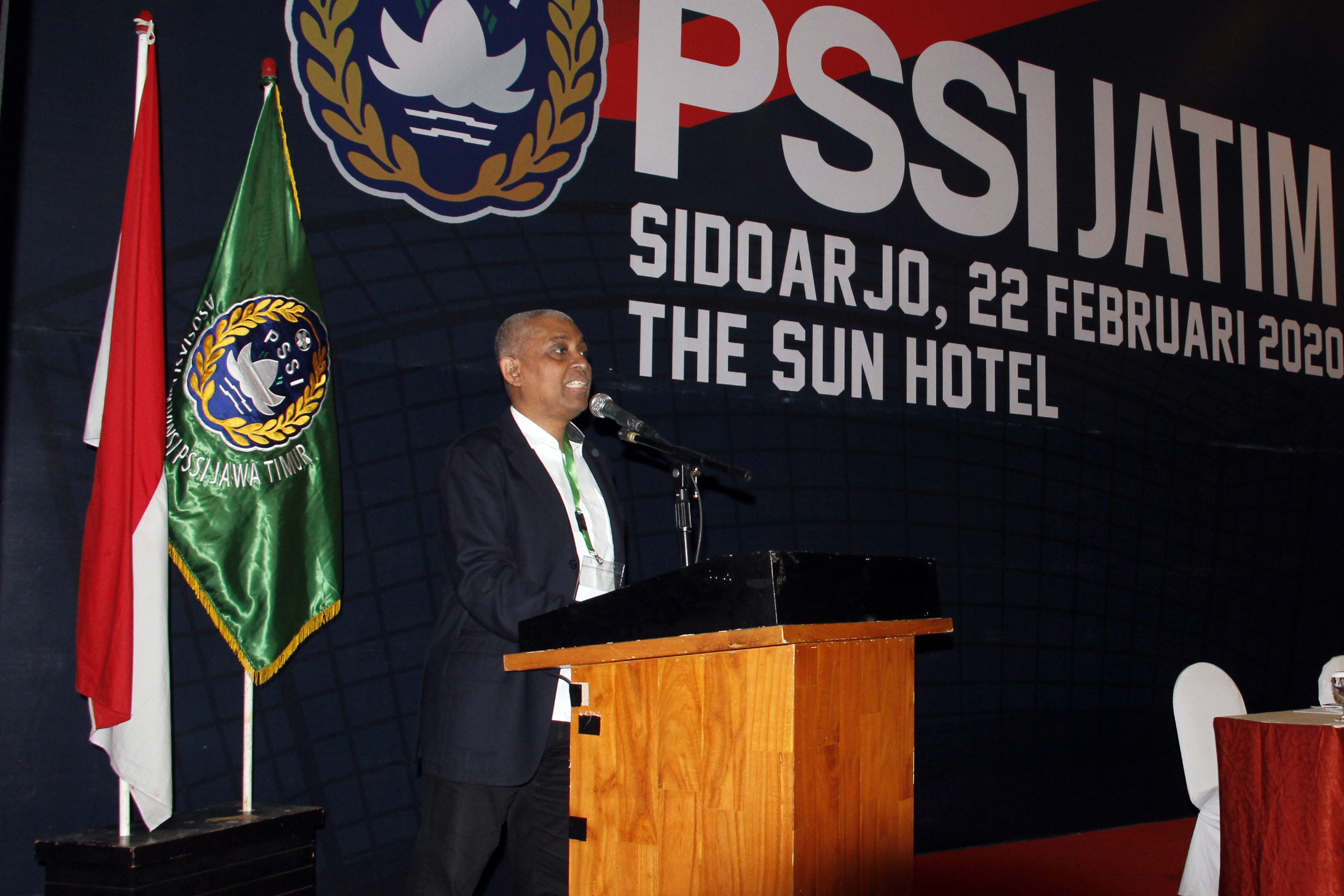 Ketua PSSI Jatim, Ahmad Riyadh UB, saat memberi sambutan dalam Kongres Tahunan PSSI Jawa Timur di The Sun Hotel, SIdoarjo, Sabtu 22 Februari 2020. (Foto: Fariz Yarbo/Ngopibareng.id)
