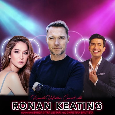 Poster konser Romantic Valentine Concert With Ronan Keating featuring Bunga Citra Lestari & Christian Bautista di Grand Ballroom Pullman Jakarta Central Park, pada 29 Februari 2020. (Foto: Full Color Entertainment)