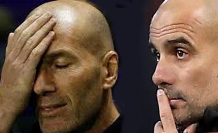 Pep Guardiola (kanan) merasa puas,  sebaliknya Zinedine Zidane kecewa. (Ngopibareng)