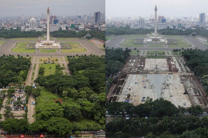 Penampakan Monumen Nasional (Monas) sebelum dan saat dilakukan revitalisasi. (Foto: Istimewa)