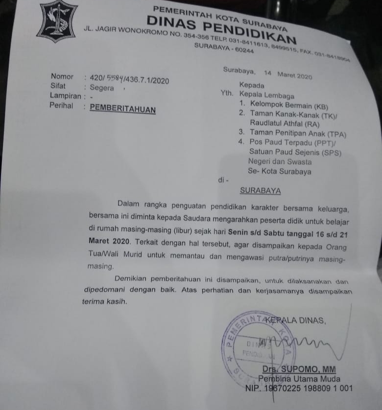 Surat edaran untuk KB, TK hingga PAUD yang dikeluarkan Dindik Surabaya. (Foto: istimewa)
