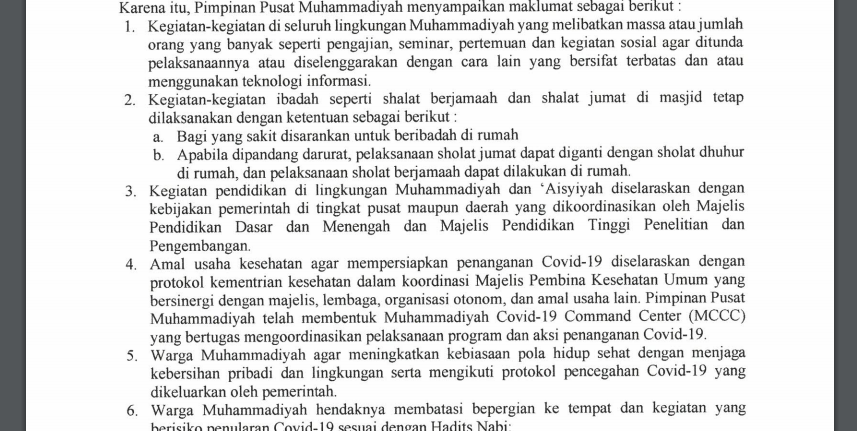 Isi maklumat Muhammadiyah. (Foto:Tangkapan layar maklumat)