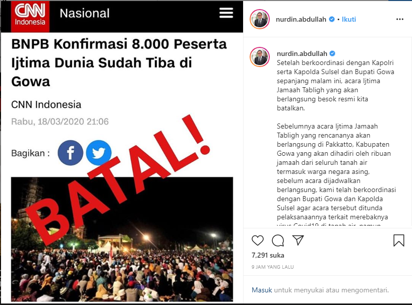 Tangkapan layar akun Instagram Nurdin Abdullah. (Foto: Instragram)