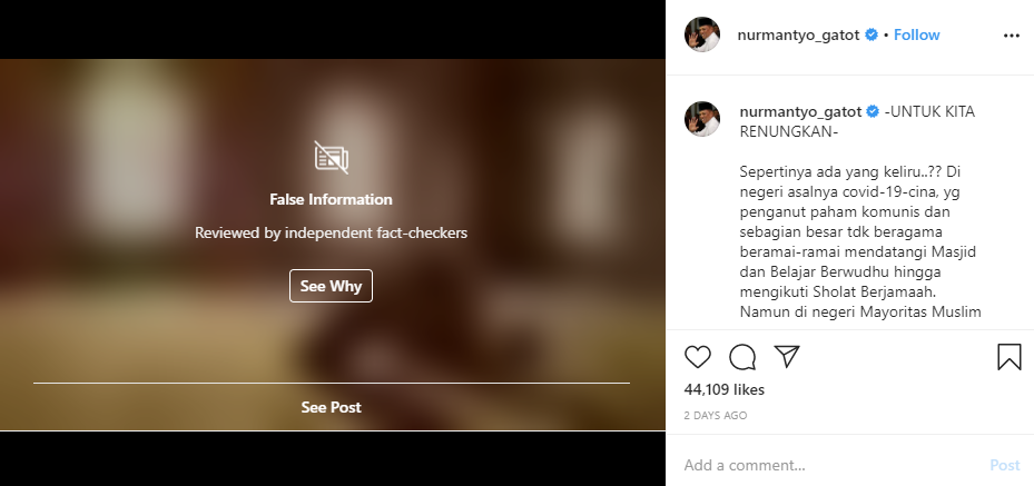 Postingan mantan Panglima TNI Jenderal (Purn) Gatot Nurmantyo yang dihapus Instagram. (Foto: Instagram nurmantyo_gatot)