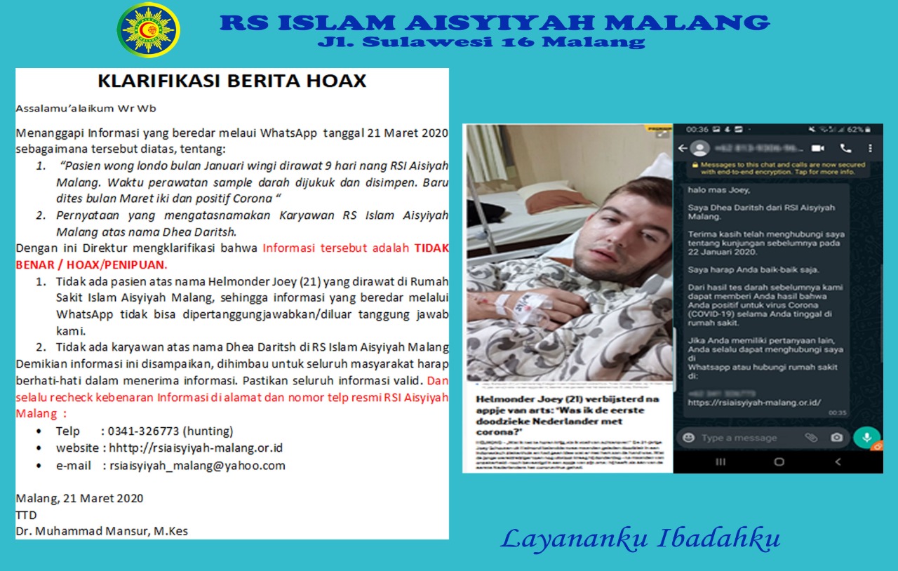 Tangkapan layar klarifikasi berita hoax bule Belanda positif Covid-19 di RSI Aisyiyah, Malang (foto: akun Instagram @rsiaisyiahmalang)  