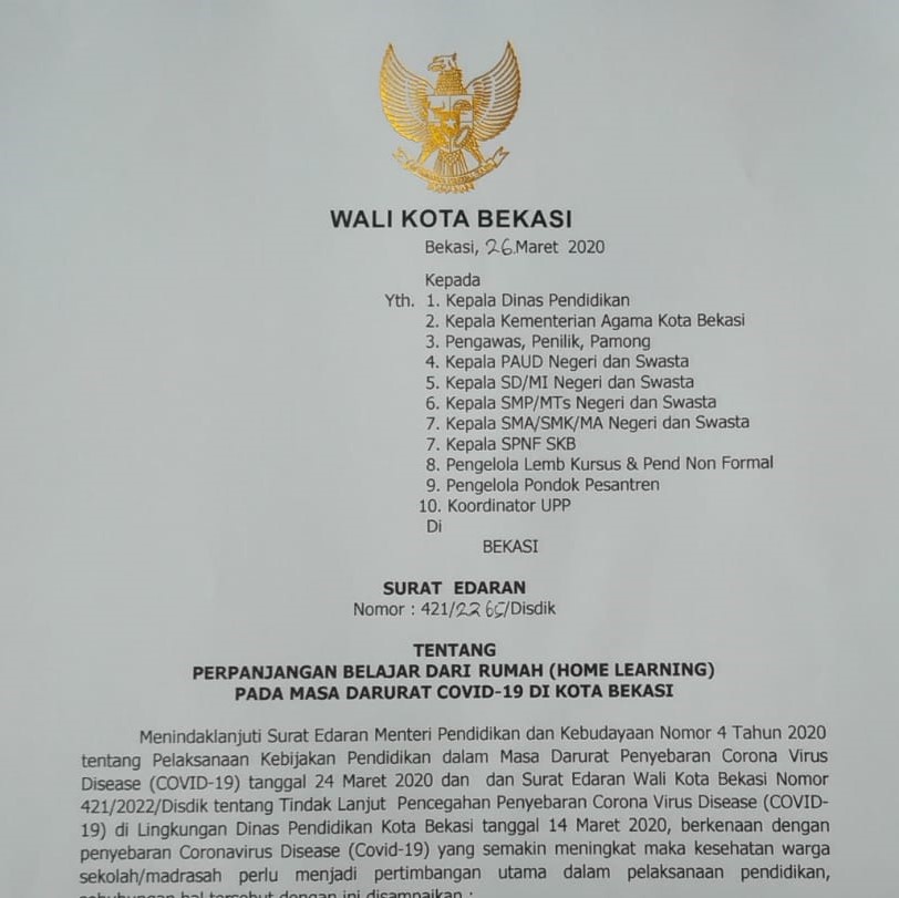 Surat Edaran Walikota Bekasi soal perpanjangan libur sekolah terkait wabah corona. (Foto: WhatsApp)