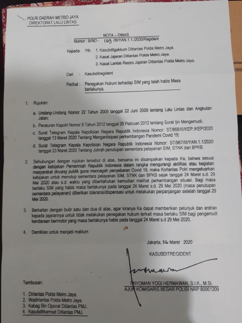 Direktorat Lalu Lintas Polda Metro Jaya perpanjang pengurusan SIM, STNK dll. (Foto: WhatsApp)
