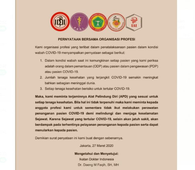 Surat pernyataan bersama IDI dan organisasi profesi tenaga medis lainnya. (Foto:Tangkapan layar)