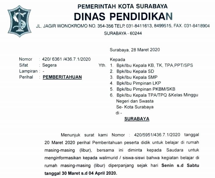 Surat edaran dari Dinas Pendidikan Surabaya tentang perpanjangan belajar di rumah. (Foto: Istimewa)