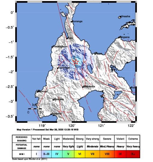 Sigi, Sulawesi Tengah, diguncang gempa, Minggu 29 Maret 2020. (Foto: Twitter @BMKG)
