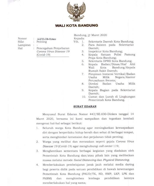 Surat Edaran Walikota Bandung, Oded M Danial, terkait wabah corona. (Foto: humasbandung.go.id)