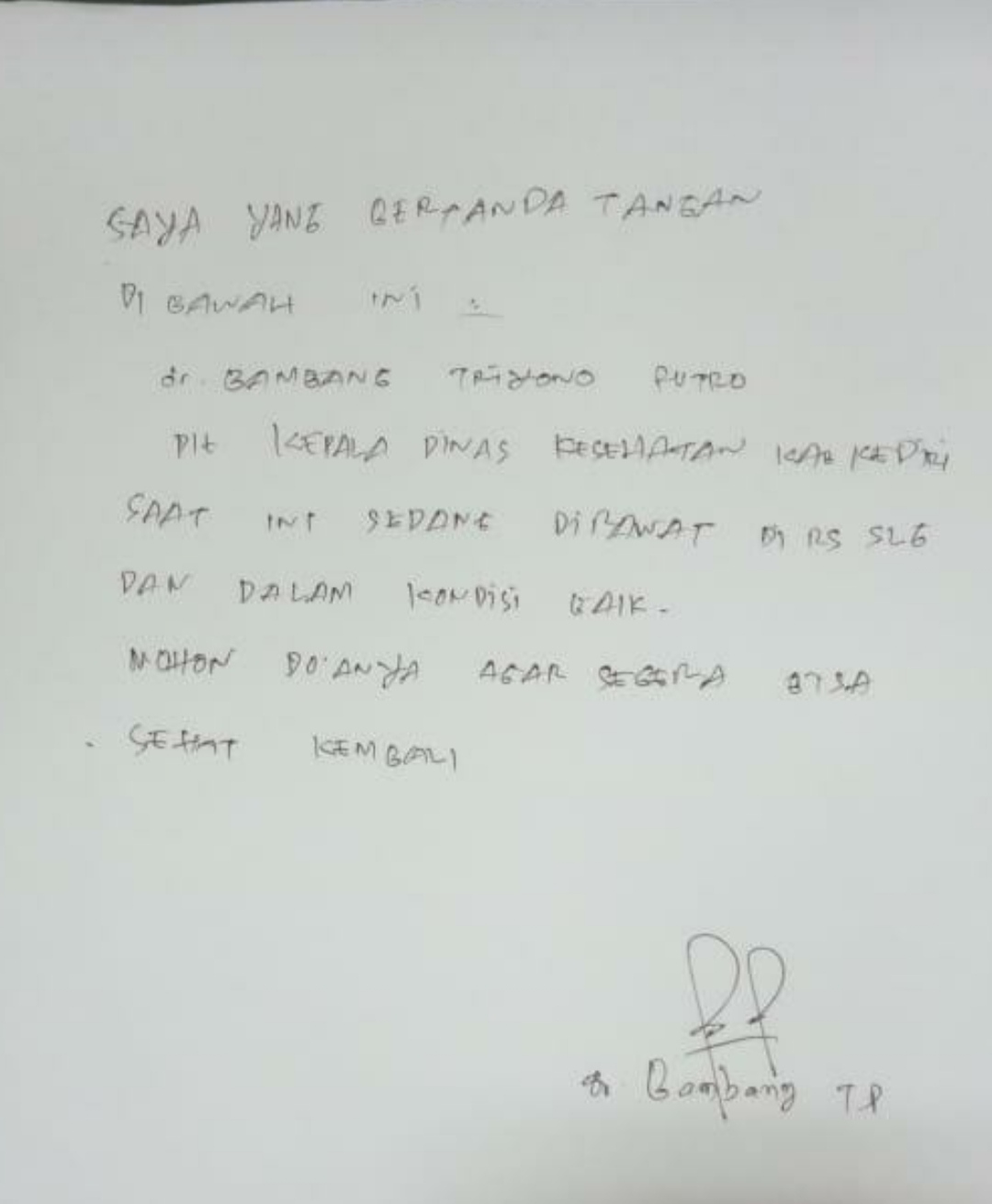 Plt Kadinkes Kabupaten Kediri, Bambang Triyo Putro tulis surat setelah positif corona. (Foto: Istimewa)
