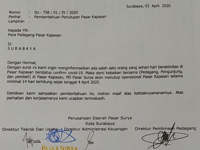 Surat Pemberitahuan Penutupan Pasar Kapasan Surabaya