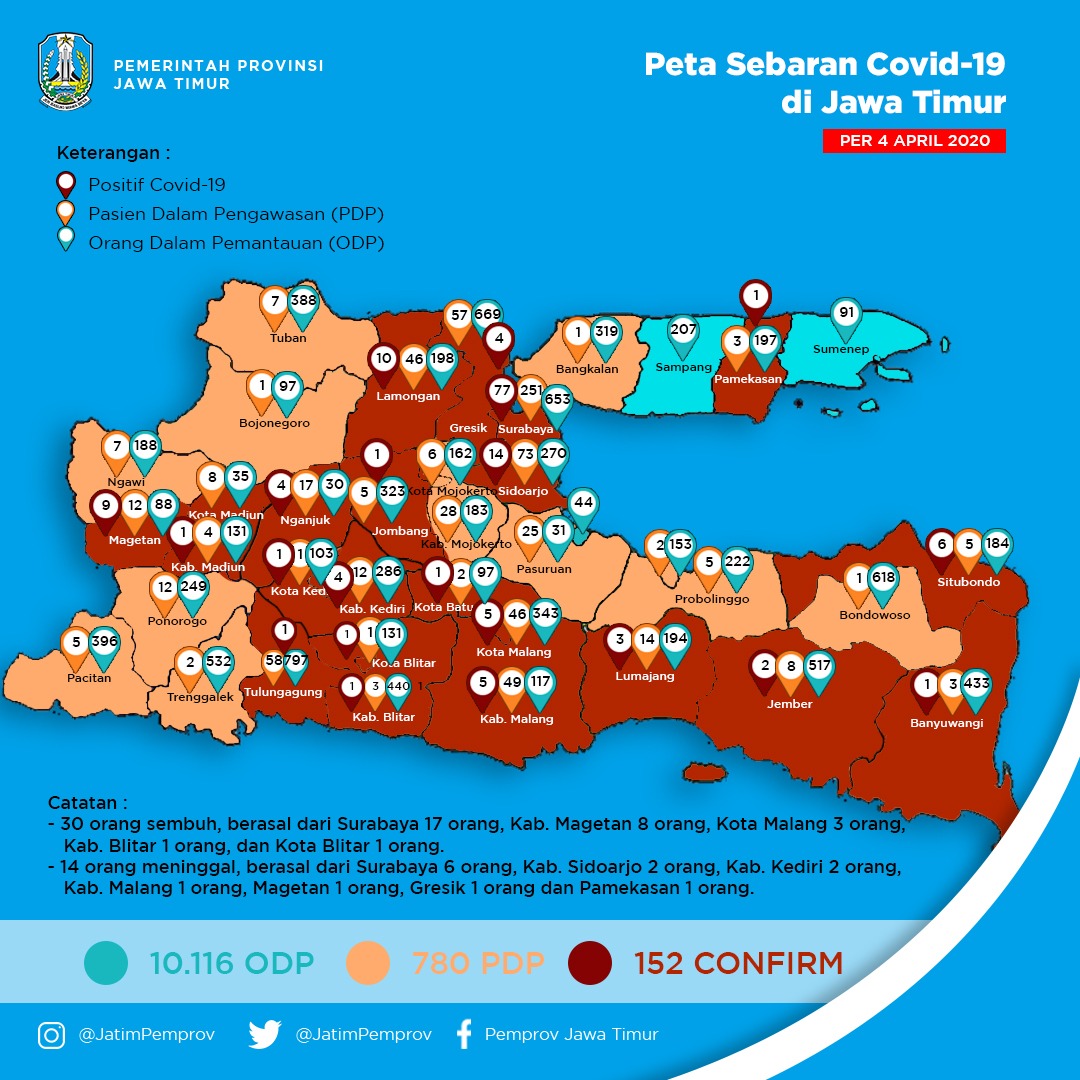 Peta sebaran Covid-19 di Provinsi Jawa Timur. (Foto: Alief Sambogo/Ngopibareng.id)