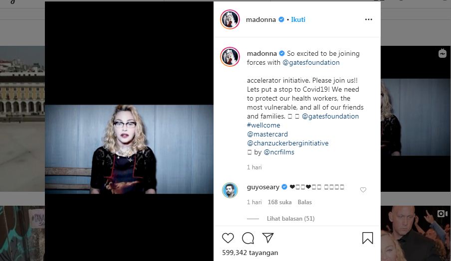 Madonna umumkan menyumbang 1 juta dolar AS untuk mencari obat covid-19. (tangkapan layar Instagram Madonna)