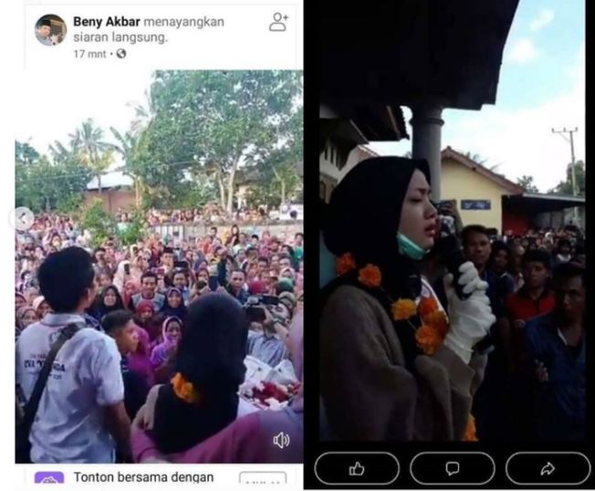 Massa tak peduli dengan social distancing di tengah pandemi corona saat menyambut kontestan LIDA 2020, Eva Yolanda di kampung halamannya, Lombok Timur, Nusa Tenggara Barat. (Foto: Facebook)