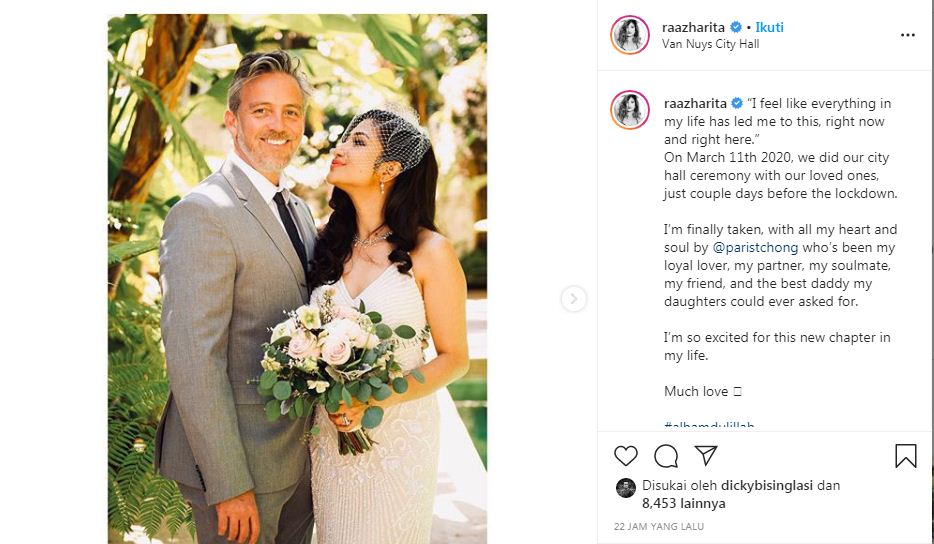 Rahma Azhari mengumumkan menikah dengan aktor Hollywood Paris Chong di akun Instagramnya. (Instagram Rahma Azhari)