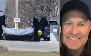 Pelaku pembantaian Gabriel Wortman (kanan), dan jenazahnya dievakuasi polisi dari sebuah SPBU di Enfield, Kanada, Minggu. (Foo:TodayVille)