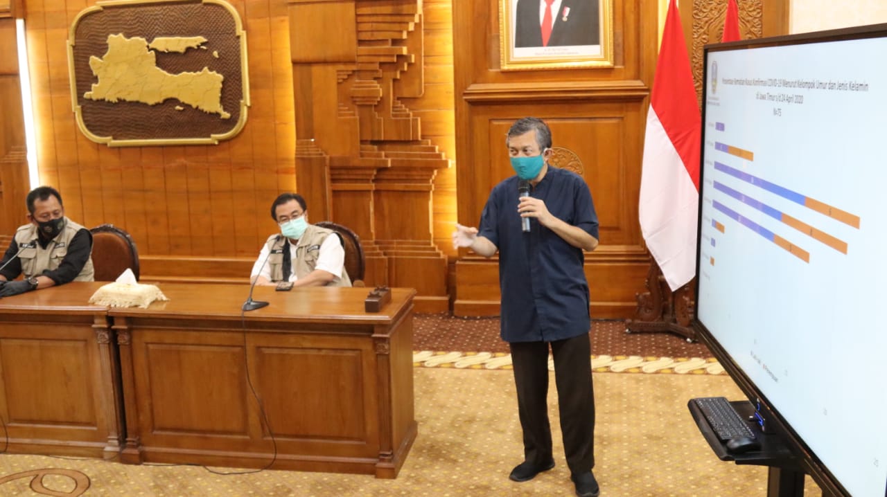Koordinator Rumpun Tracing, dr Kohar Hari Santoso ketika memberi keterangan di Gedung Negara Grahadi, Surabaya, Jumat 24 April 2020. 