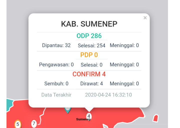 Peta sebaran corona di Kabupaten Sumenep. (Tangkapan Layar)