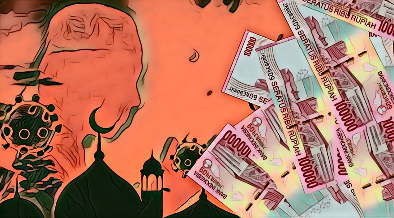 Ilustrasi gelimang uang di bulan Ramadhan. (Grafis: Fa Vidhi/Ngopibareng.id)