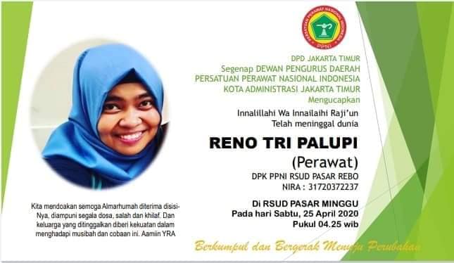 Ucapan duka cita Persatuan Perawat Nasional Indonesia (PPNI) untuk perawat Reno Tri Palupi. (Foto: Dok. PPNI)