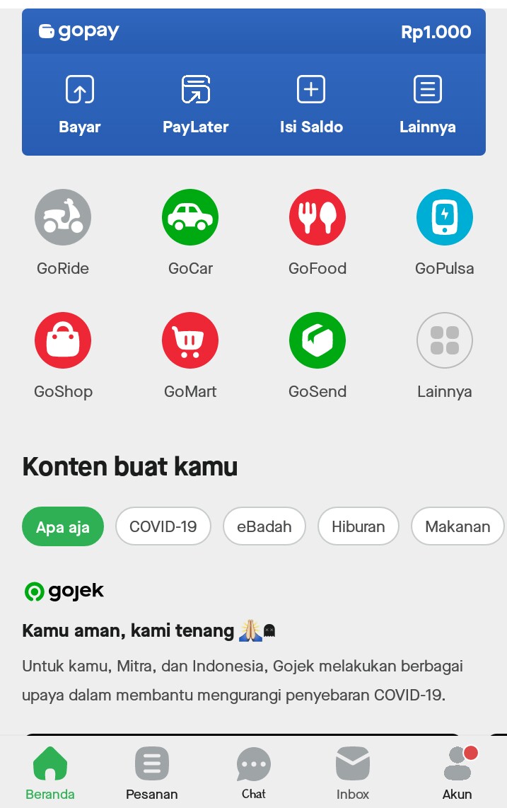 Aplikasi GoJek selama PSBB Surabaya Raya tidak menyediakan layanan GoRide. (Foto: Screenshoot aplikasi GoJek)