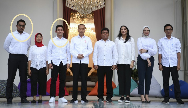 Mantan dua staf milenial Presiden joko Widodo (Jokowi), Andi Taufan Garuda (kiri dilingkari) dan Adamas Belva Devara. (Foto: Dok. Setpres)