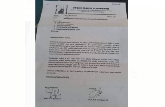 Surat bertulis Takmir Masjid Almubarok yang menyatakan ingin merobohkan masjid mereka sendiri. (Foto: Whatsapp)