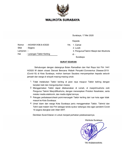 Surat Edaran Walikota Surabaya Tri Rismaharini soal larangan takbir keliling. (Foto: Istimewa)