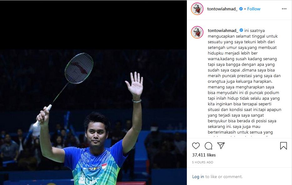 Atlet ganda campuran Tontowi Ahmad mengumumkan pensiun lewat Instagramnya. (Instagram Tontowi Ahmad)