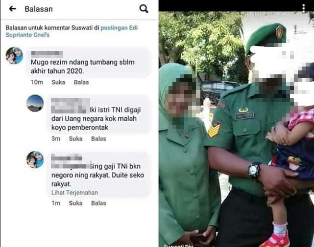 Anggota TNI AD dijebloskan ke penjara selama 14 hari karena status istri di media sosial viral soal "Rezim Tumbang". (Foto: Facebook)
