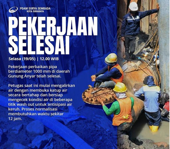 Pekerjaan pipa PDAM bocor akibat tiang pancang proyek Kampus UIN Sunan Ampel Surabaya (UINSA) di daerah Gunung Anyar, Surabaya. (Foto: Instagram @pdamsuryasembada)