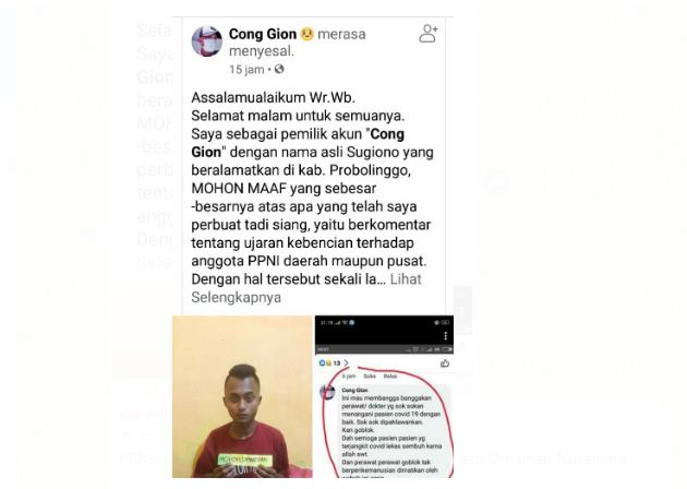 Unggahan pemilik akun Facebook @cong gion yang meminta maaf, setelah dilaporkan ke Polresta. (foto: Ikhsan Mahmudi/ngopibareng.id)