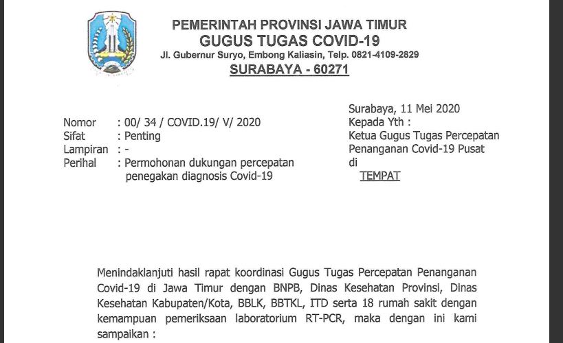 Surat pengajuan bantuan mobil PCR yang dibuat oleh Pemprov Jawa Timur pada 11 Mei 2020. (Tangkapan Layar)
