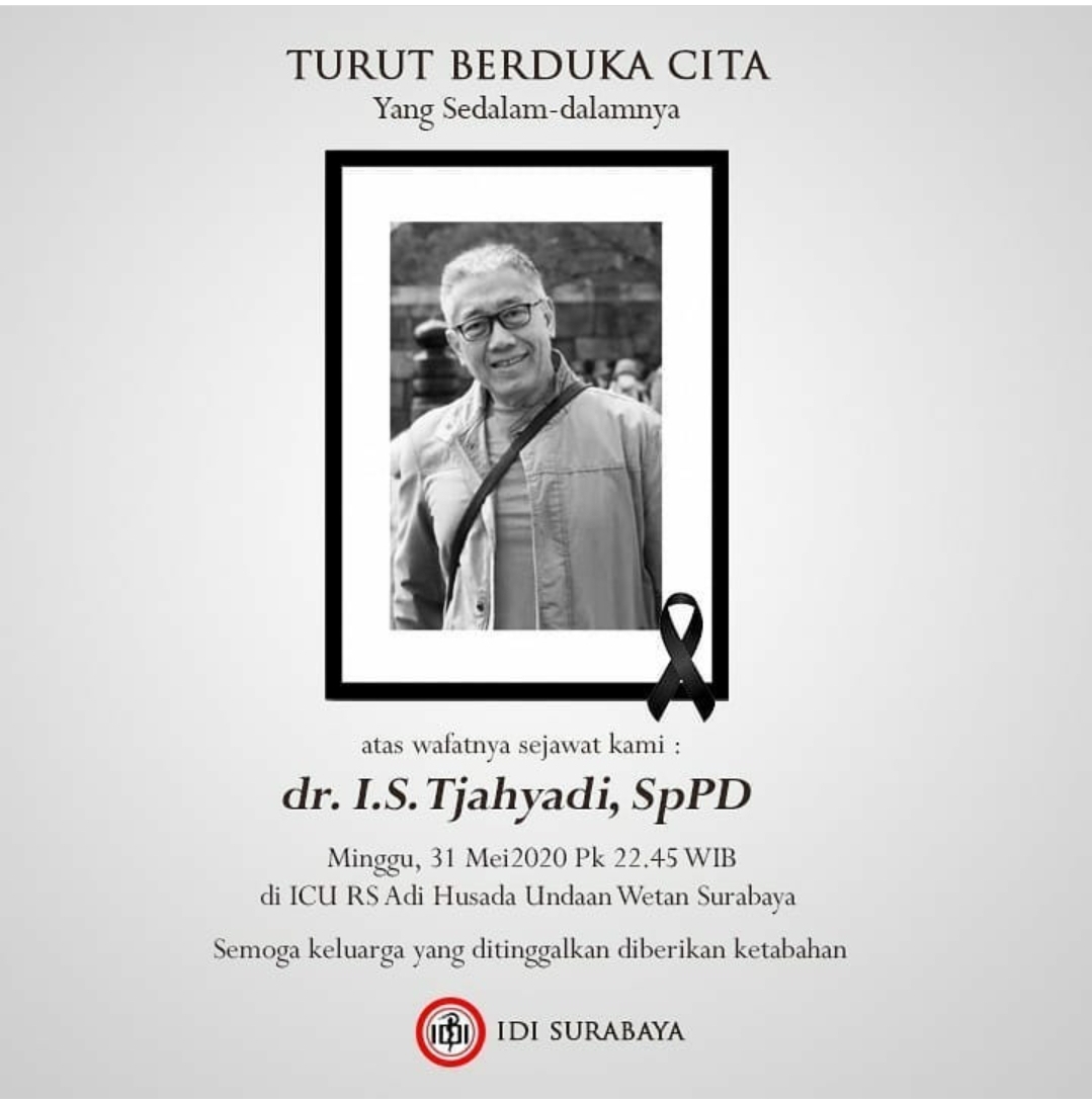 Ucapan belasungkawa IDI Surabaya untuk dokter I.S.Tjahyadi, SpPD. (Foto: Twitter IDI) 