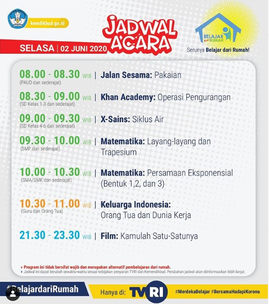 Jadwal Belajar dari Rumah TVRI pada Selasa, 2 Juni 2020. (Foto: Instagram @kemdikbud.ri)
