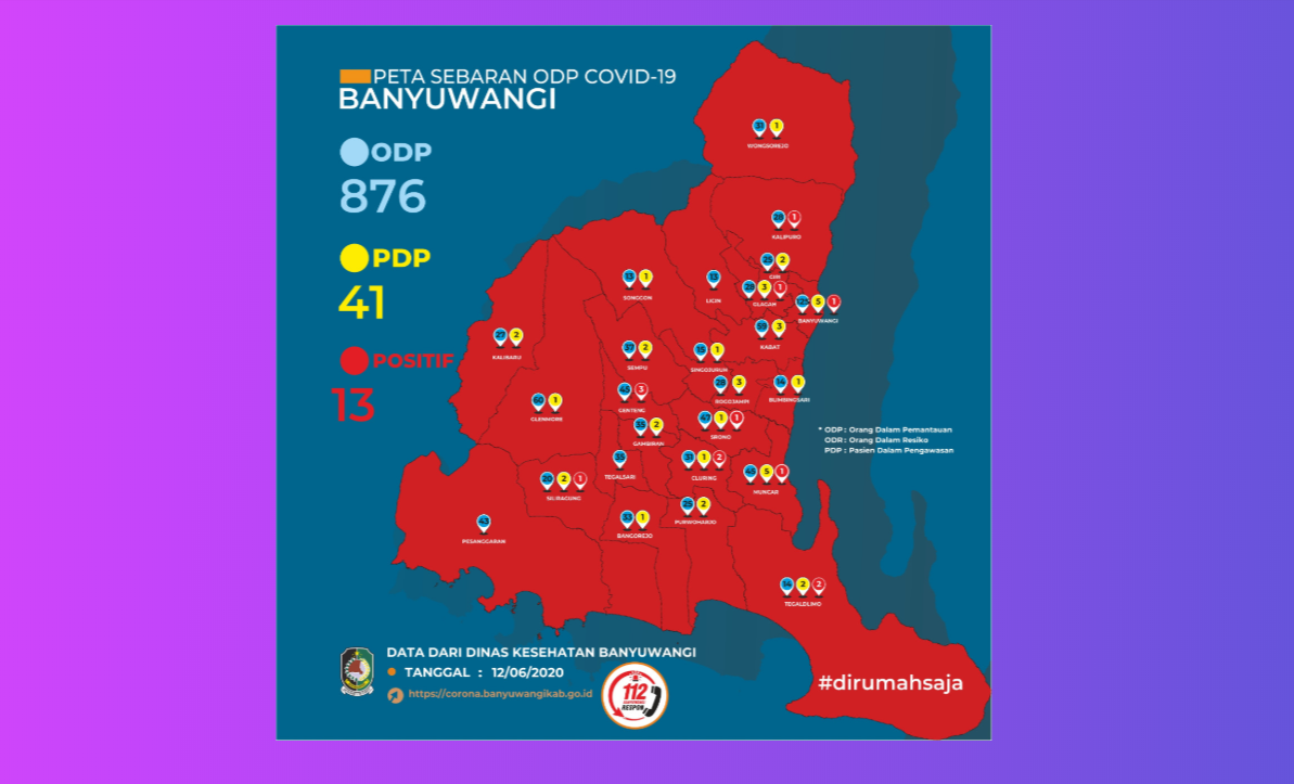 Peta sebaran Covid-19 Banyuwangi per Sabtu 13 Juni 2020. (Foto: Tangkapan Layar/corona.banyuwangikab.g.id)