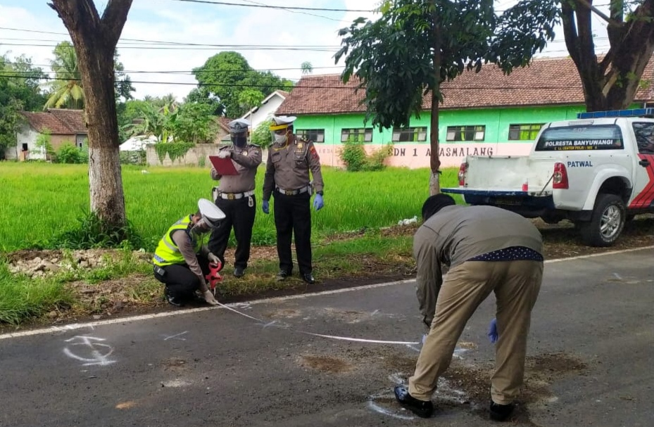 Petugas kepolisian melakukan olah TKP  kecelakaan maut di Jl. Raya Banyuwangi-Jember. (Foto: istimewa)
