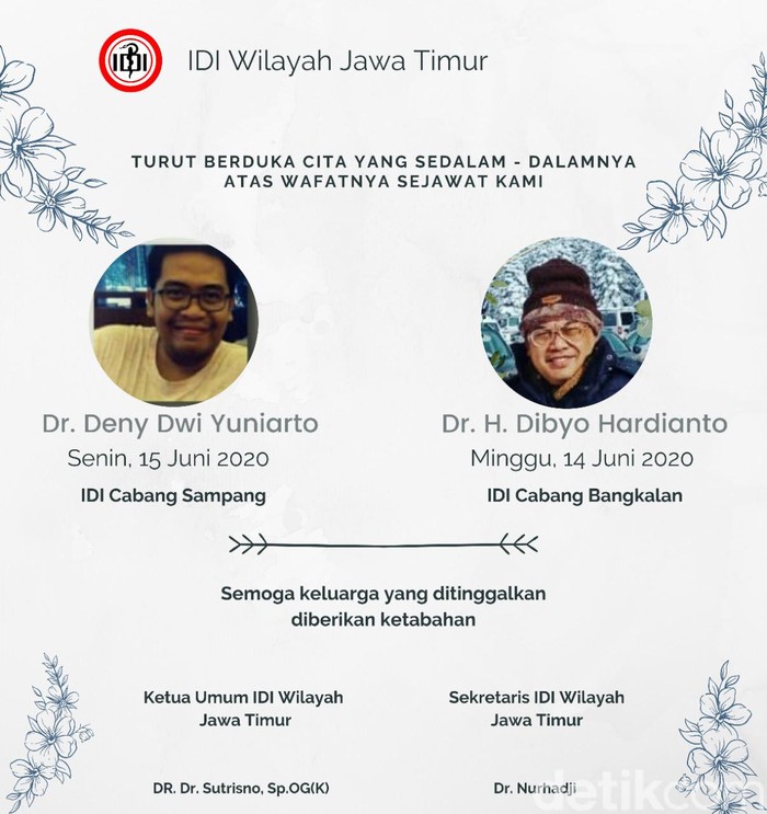 Ucapan duka cita yang disampaikan PB IDI atas meninggalnya dokter Denny Dwi Yuniarto anggota IDI Cabang Sampang, dan dokter H Dibyo Hardianto anggota IDI Cabang Bangkalan, Jawa Timur. (Foto: Twitter PB IDI)