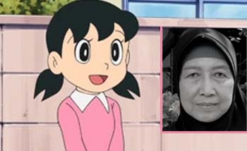 Tokoh Shizuka dalam film Doraemon, dan inzet almarhumah Prabawati Sukarta. (Ngopibareng)