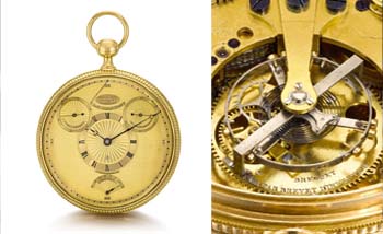 Arloji milik Raja Inggris George III, dan merk Breguet pada mesinnya. (Foto: Sotheby's)
